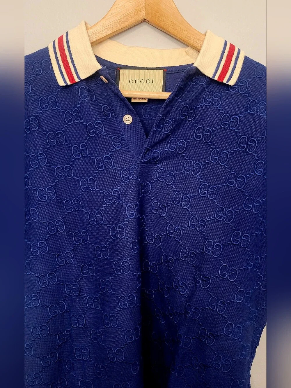 🇮🇹 GUCCI Embroidered 👕Navy Blue GG Jacquard Polo🇮🇹 with Cream Stripe Collar